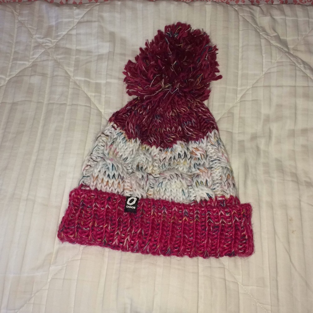 Pink and white fleece lined hat